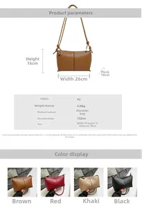 Size chart for minimalist PU leather shoulder bag showing dimensions and colors
