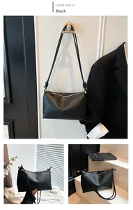 Three views of black minimalist shoulder bag showing strap knot and zipper detail