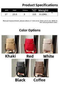 Detailed size chart and five color options for this minimalist PU leather crossbody bag