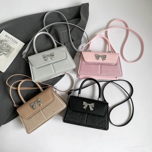 Women Shoulder Bag PU Leather Sequin Patchwork Bow Decor Handbag With Adjustable Strap Chic Flap Crossbody Purse