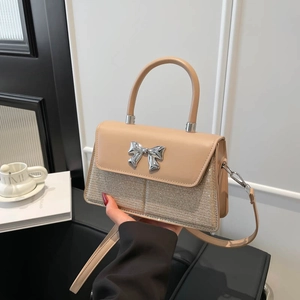 Beige mini handbag with silver bow buckle and sparkling sequin texture for women