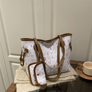 Women's white tote bag with cartoon bear print and matching small pouch for autumn