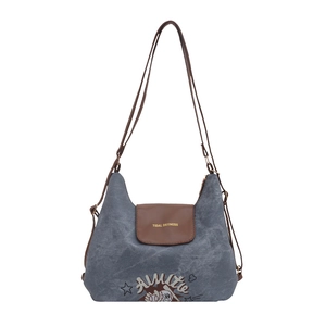 Retro grey canvas crescent shoulder bag with brown leather flap and stars print