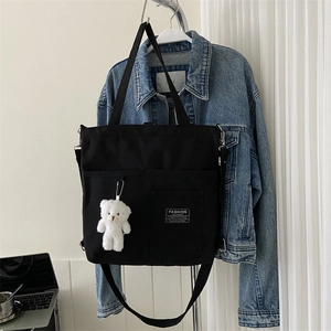 Canvas Tote Bag For Women Large Capacity Shoulder Crossbody Bag With Bear Pendant Korean Casual Versatile Street Style