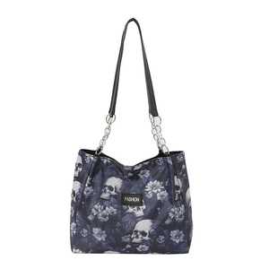 Large capacity tote bag with skull floral print and silver chain leather straps