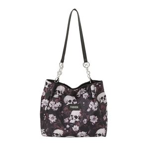 Large tote bag featuring skull and purple floral print with metal chain strap