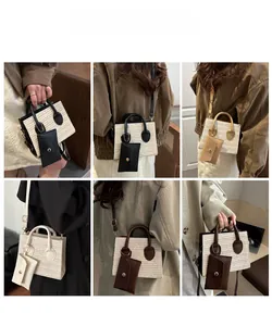 Straw patchwork mini crossbody bag shown in various colors and styling options on model