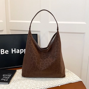Brown leopard print hobo tote bag in faux suede, casual shoulder handbag for women