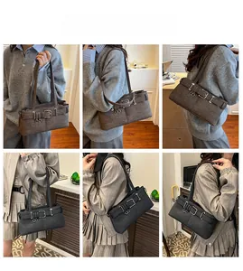 Collage of model carrying a retro tweed shoulder bag with leather straps in brown and black