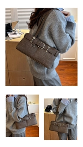 Detail of dark brown woolen underarm bag with buckle closure and slim shoulder strap