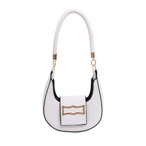 White croc-effect crescent hobo bag with gold hardware buckle and black edge detail