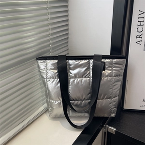 Women Large Capacity Quilted Puffer Tote Bag Metallic Cotton Padded Shoulder Bag Casual Urban Simple Commuter Hobo Handbag