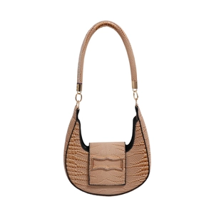 Beige crescent shoulder bag with crocodile pattern and golden metal buckle details