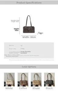 Detailed technical diagram showing 30x14x9cm dimensions and four color variants of the PU bag