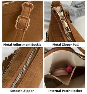 Details von Goldbeschlägen, Reißverschluss und Innentasche der Wildleder-Umhängetasche