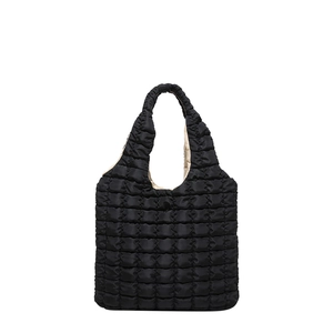 Fashionable black quilted puffer cloud bag with textured bubble design and top handle
