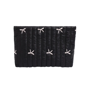 Versatile black quilted clutch bag with sweet bow embroidery and large capacity