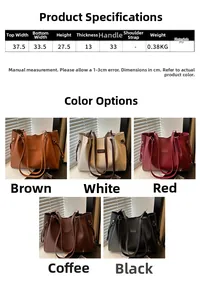 Detailed size chart and specifications for the large capacity PU leather tote bag