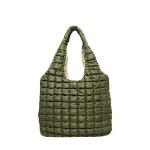 Olive green quilted puffer tote bag with large capacity for women winter fashion
