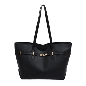 Retro black faux leather tote bag with gold ring buckle and large capacity for commuting