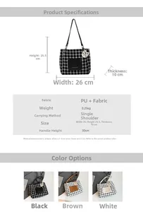 Detailed size chart for houndstooth tote bag with dimensions and cartoon cat charm