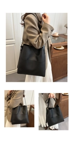 Detailed views of a black bucket bag showing spacious interior and adjustable shoulder strap