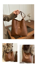 Detailed views of a brown retro faux leather bucket bag with large pocket and long handles
