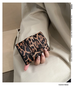 Close-up of leopard print mini card wallet held against a stylish trench coat background