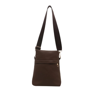 Brown lychee grain leather crossbody bag with wide shoulder strap and gold hardware
