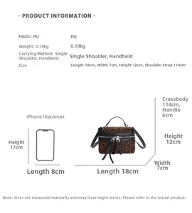 Guide des tailles du sac léopard montrant les dimensions et comparaison avec téléphone