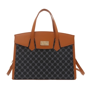 Retro large capacity tote bag with brown leather trim and golden lock buckle