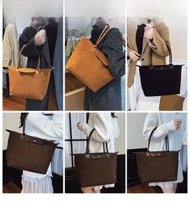 Collage of chic suede tote bags in brown and black shown on model for various outfits