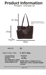 Detailed size chart of vintage brown PU leather tote bag set with dimensions and weights