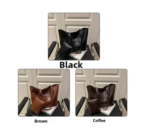 Three large tote bags in black, brown, and dark coffee with matching accessory pouches