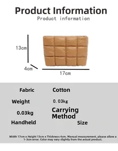 Detailed spec view of brown quilted cotton clutch showing dimensions 17x13x4cm and weight