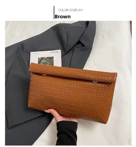 Dettaglio della trama della borsa a mano in pelle PU marrone con elegante design intrecciato