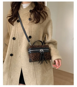 Détail du sac boîte à motif léopard avec double fermeture éclair et longues franges