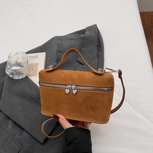 Brown faux suede mini square bag with dual heart shaped silver zippers and top handle