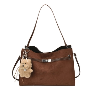 Brown suede tote bag with silver lock, plush puppy charm and adjustable straps