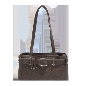 Retro dark brown textured fabric shoulder bag with silver belt buckle and dual straps