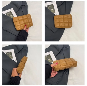 Detailed four-angle views of a mini quilted puffer cosmetic bag in caramel brown finish