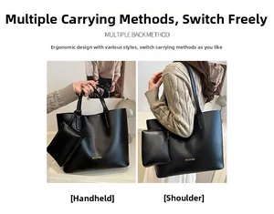 Detail of black PU leather tote bag with matching pouch and versatile shoulder strap