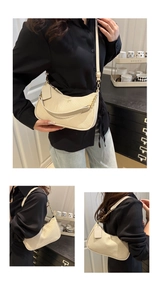 Detailed views of beige woven shoulder bag showing metal chain strap and adjustable leather strap