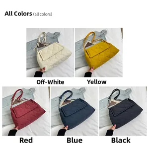 Detailed comparison of quilted crossbody bags in white, yellow, red, blue, and black colors