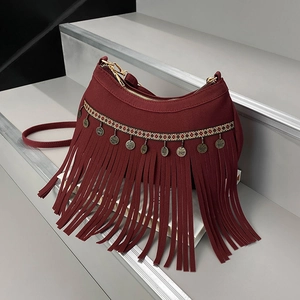 Bohemian wine red fringe shoulder bag with ethnic weaving and metal coin pendants