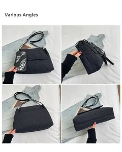 Detail views of black quilted chain bag showing front, back, side and bottom angles