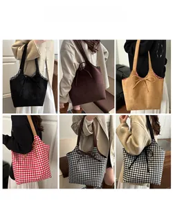 Collage of model wearing various plaid tote bags with stylish bow tie decoration