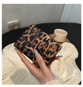 Detailed view of mini leopard print wallet with textured leather and flap closure