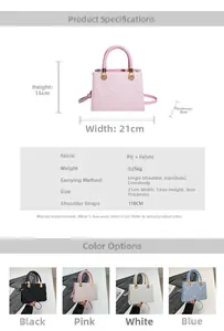 Detailed size chart of the crossbody bag with 21x15x8cm dimensions and woven handle