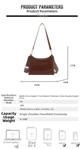 Size chart showing 23x17x10cm dimensions and capacity for mobile phone and makeup